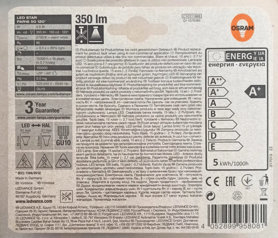 Osram LED Star PAR16 GU10 4.3W=50W 120°