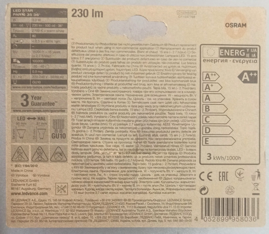 Osram LED Star PAR16 GU10 3W=35W WW 36°