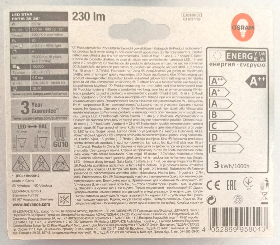 Osram LED Star PAR16 GU10 3W=35W CW 36°