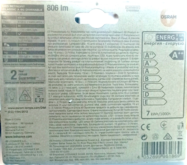 OSRAM LED Retrofit Classic E27 7W ściemnialna