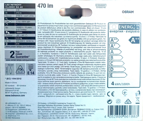 Żarówka Osram LED Retrofit CLASSIC BA E14 4W = 40W płomyk