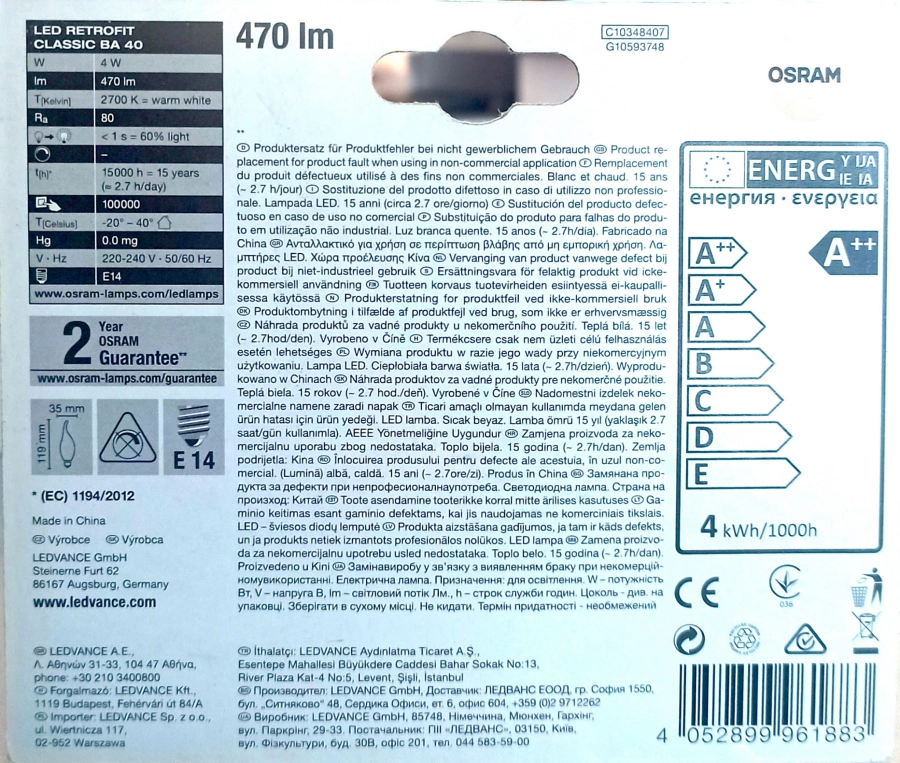 Żarówka Osram LED Retrofit CLASSIC BA E14 4W = 40W płomyk