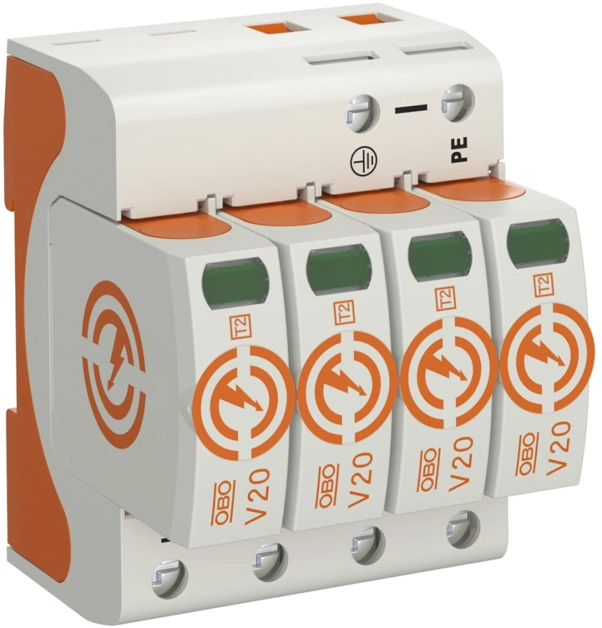 Ogranicznik przepięć V20 4-biegunowy TYP 2 służy do ochrony instalacji przy nagłych skokach napięcia elektrycznego.