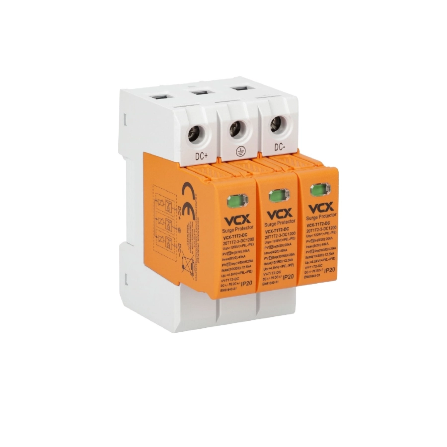 VCX DC B+C 3P 1200V (T1T2) 12,5kA RED posiada zintegrowane zabezpieczenie termiczne – nie wymaga dodatkowego do zabezpieczenia.