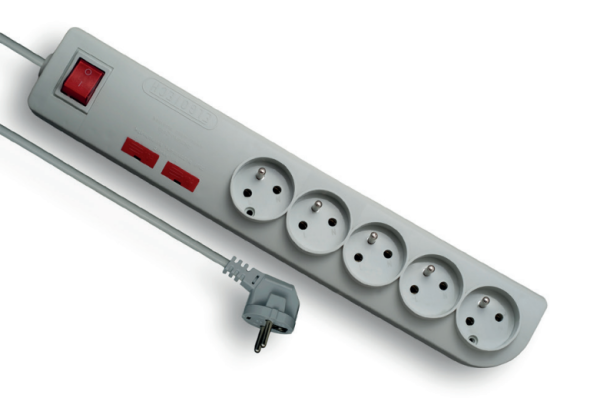 Przedłużacz przeciwprzepięciowym 5-krotny szary