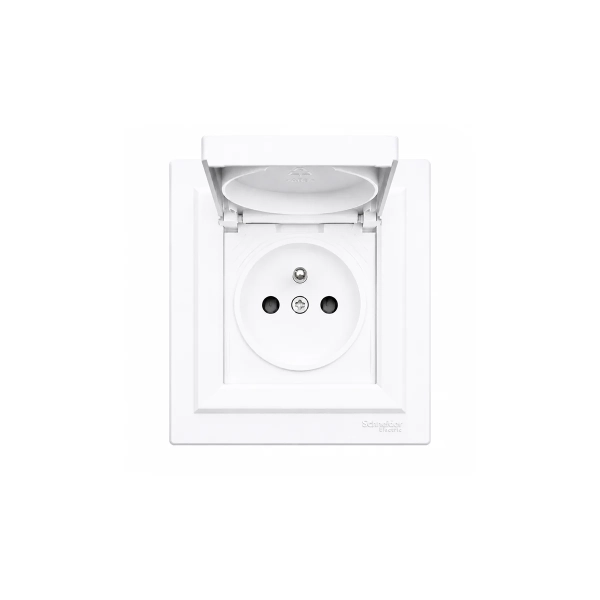 Gniazdo pojedyncze 2P+PE z klapką IP44 z ramką białe Schneider Electric Asfora EPH2800621.webp