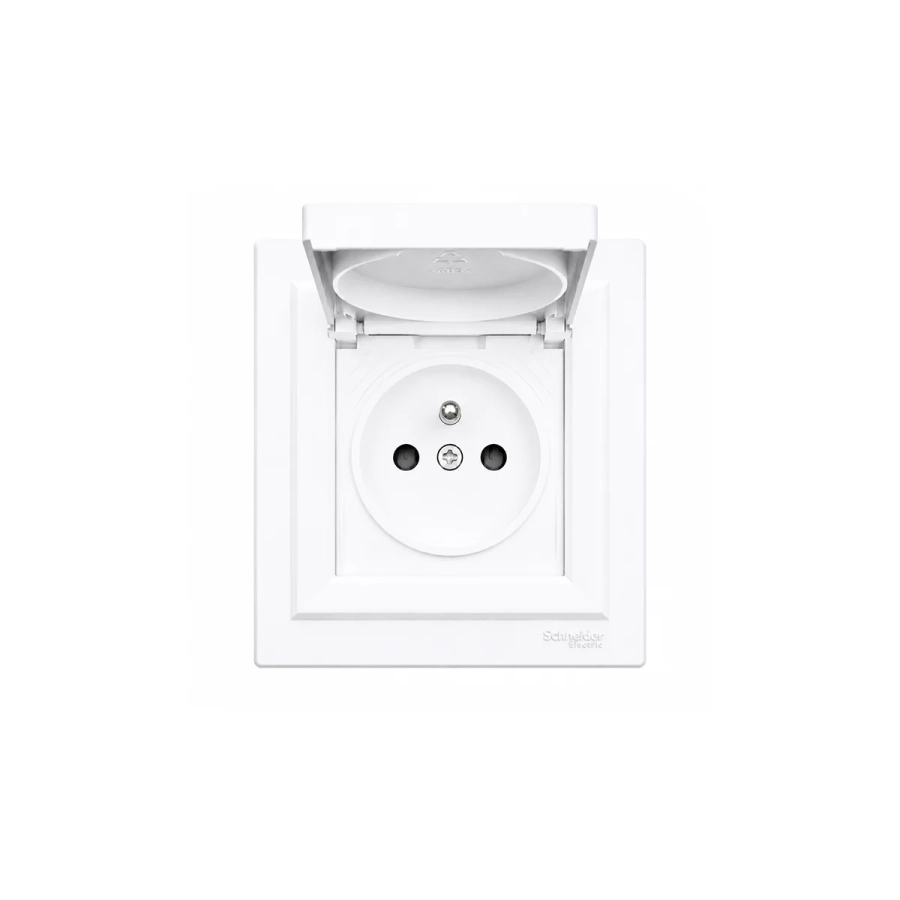 Gniazdo pojedyncze 2P+PE z klapką IP44 z ramką białe Schneider Electric Asfora EPH2800621.webp