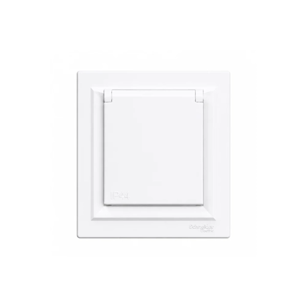Gniazdo pojedyncze 2P+PE z klapką IP44 z ramką białe Schneider Electric Asfora EPH2800621-1.webp