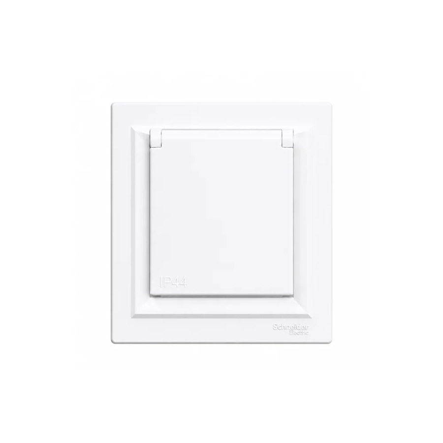 Gniazdo pojedyncze 2P+PE z klapką IP44 z ramką białe Schneider Electric Asfora EPH2800621-1.webp