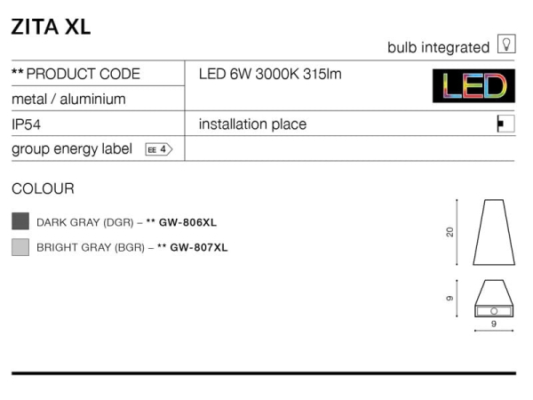 Azzardo Kinkiet Zita XL Bright Gray model AZ2201