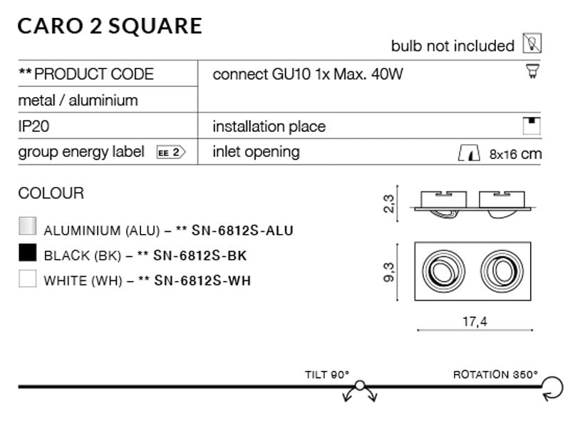 Azzardo Lampa wpuszczana Caro 2S Black model AZ2437