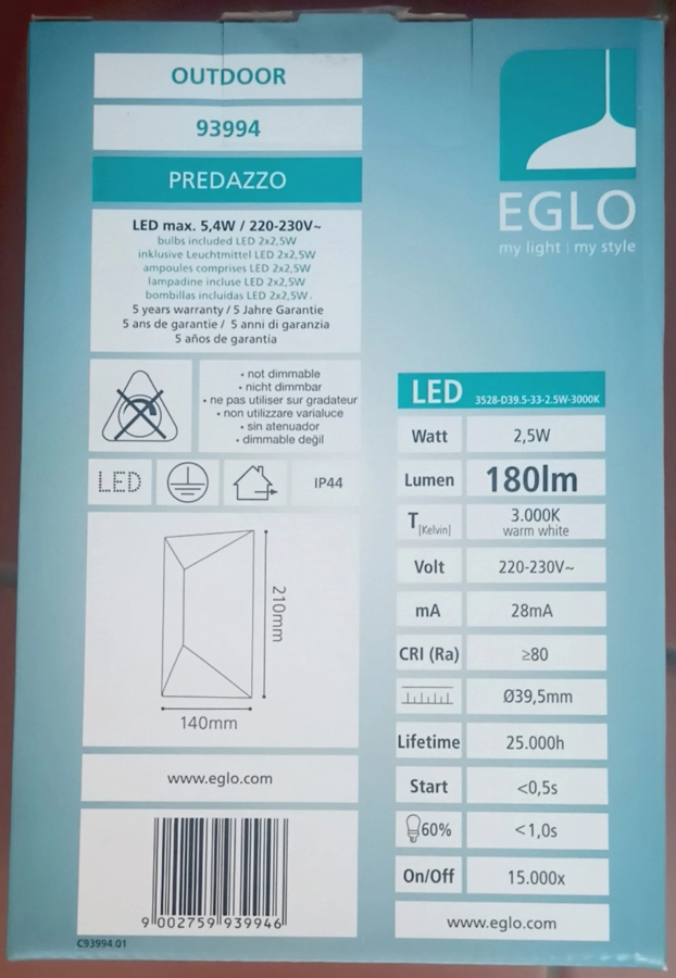 Kinkiet zewnętrzny EGLO Predazzo 93994