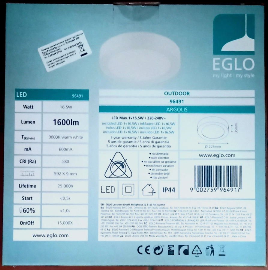 Plafon zewnętrzny EGLO Argolis 96491