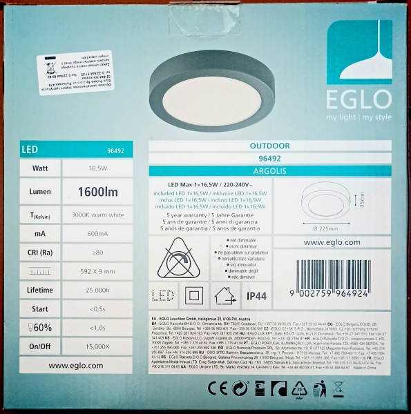 Plafon zewnętrzny EGLO Argolis 96492