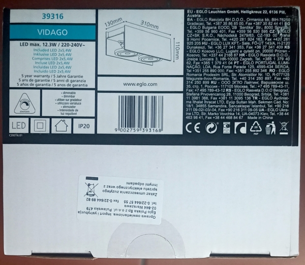 Biały plafon EGLO Vidago 39316